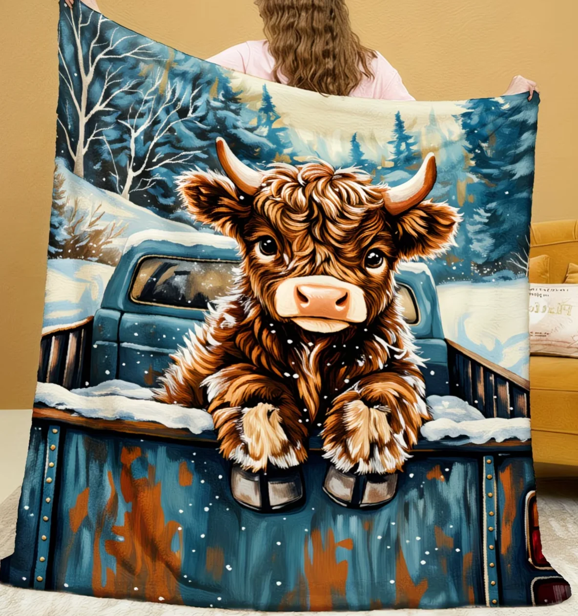 Highland Cow Print Flannel Blanket 1pc Cozy Winter Snowy Cedar & Scottish Landscape Soft Warm Throw for Bed Sofa Car Camping