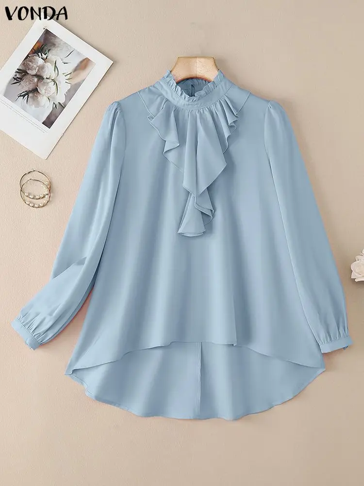 

2025 VONDA, элегантная женская офисная блузка OL, асимметричная рубашка, осенняя шифоновая туника с воротником-стойкой и рюшами, однотонные блузки