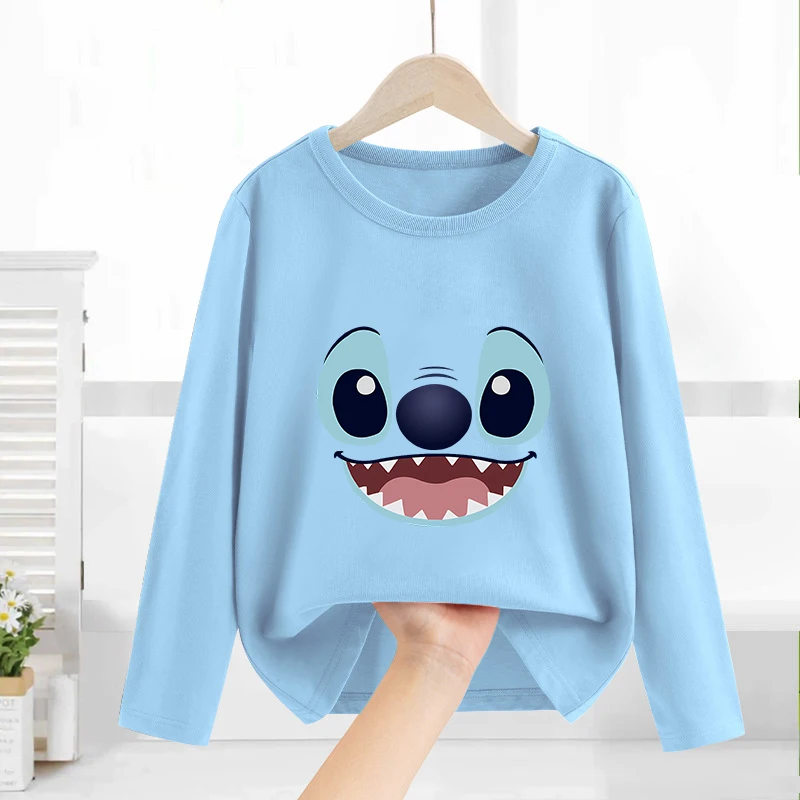 Stitch Disney Round Neck Long Sleeves T-shirts Cartoon Anime Children Shirts Kids Print Boys Girls Spring Thin Clothes Gift