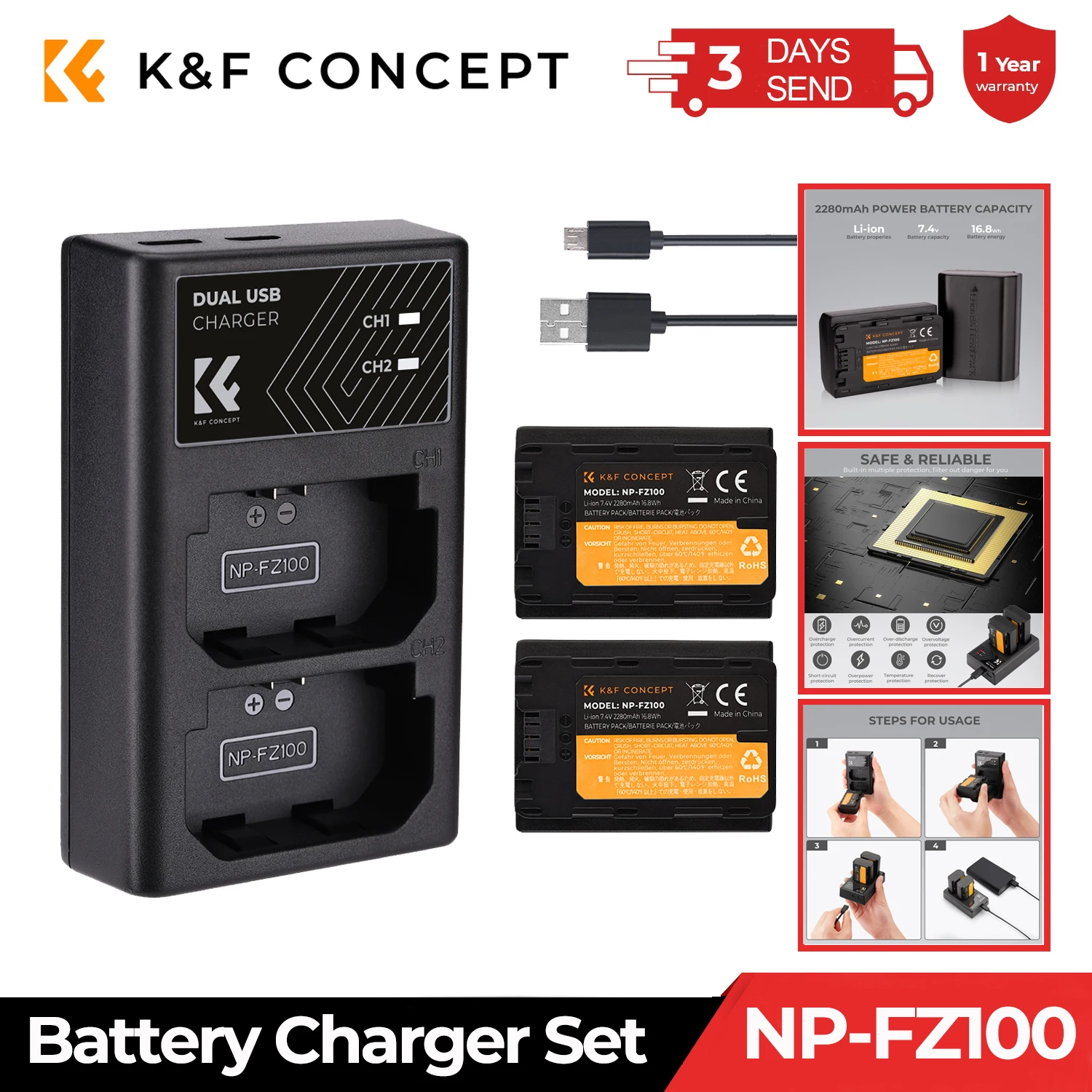 

K&F CONCEPT NP-FZ100 Battery Charger Sets for Sony Alpha A7 III A7R III (A7R3) A9 a6600 a7R IV Alpha a9 II Camera Backup Battery