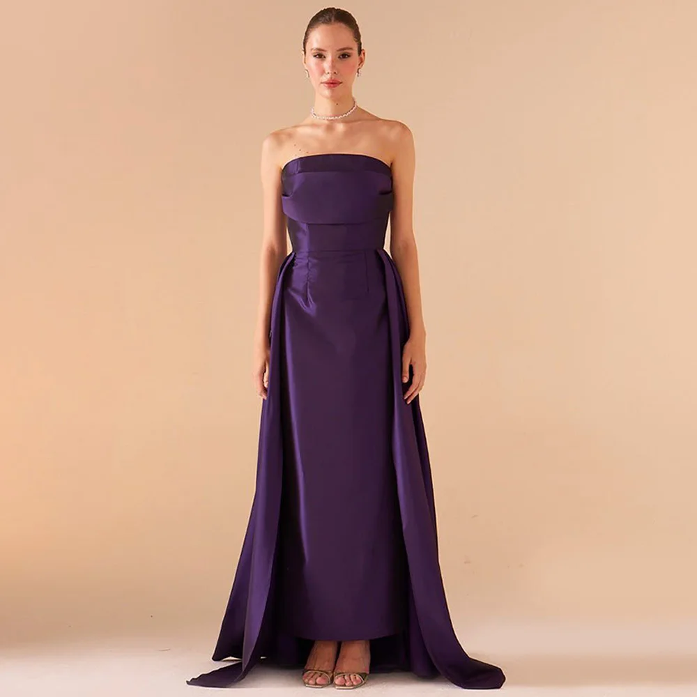 

Simple Purple Straight Strapless Evening Dress Customized Classic Sleeveless Party Dresses Sweep Train Zipper Back Prom Dress