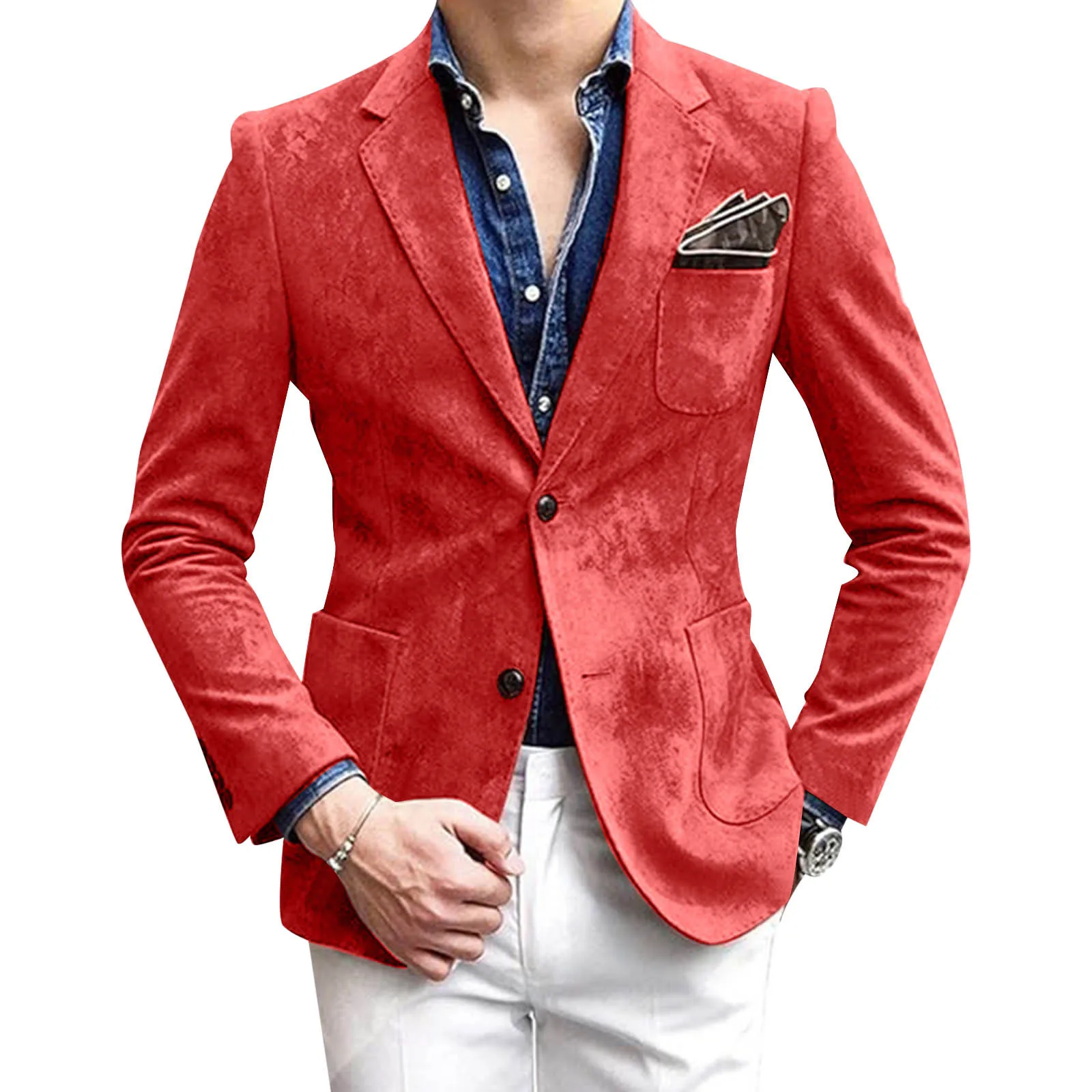 Casual Blazer One Button Business Suit Jacket Mens Fashion Velvet Long Sleeve Pockets Lapel Suit Jacket Blazers Para Hombre