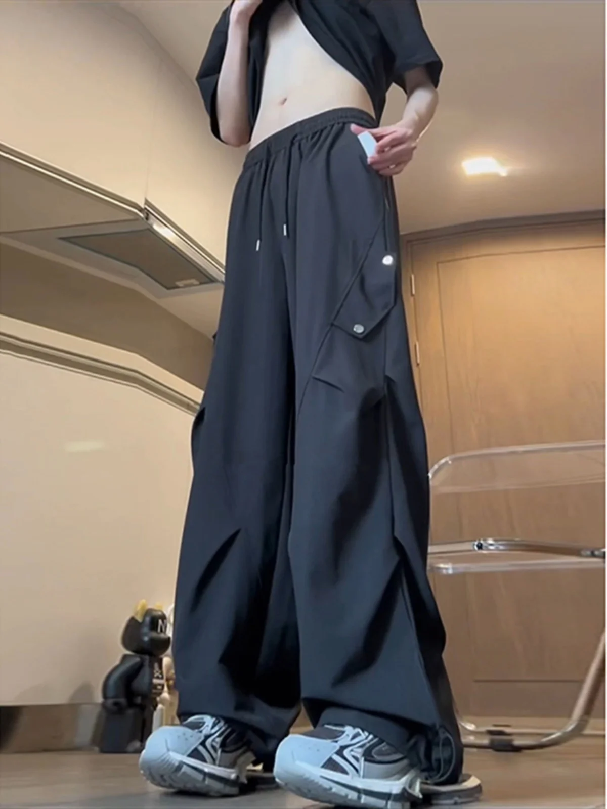 

American Sle Paratrooper Work Pants Men's Small Size High Waist Bla Ice Silk Wide Leg Summer Casual Trousers