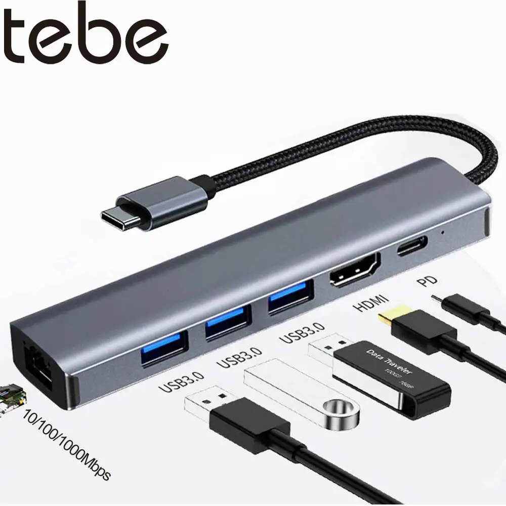 TEBE USB-C to Gigabit RJ45 Ethernet Adapter 6 IN 1 Type-c to 4K 30hz HDMI-compatible 3*USB 3.0 PD Fast Charger Hub Splitter