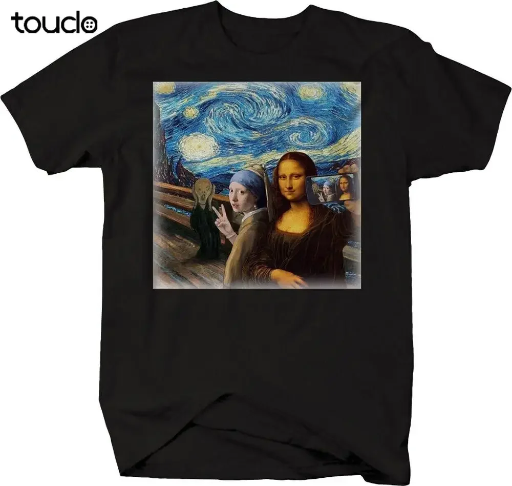 Mona Lisa Starry Knight Art Funny Group Selfie Cell Phone Meme T Shirt unisex