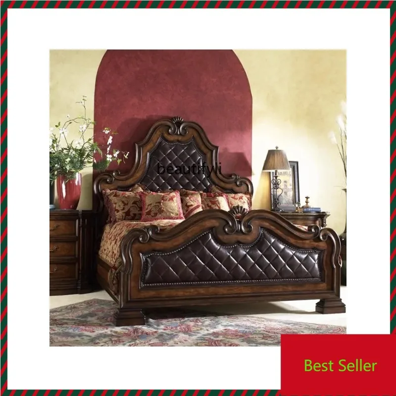 

QQ132 Solid Wood Double Bed Imported First Layer Cowhide American Bed Retro Classic Luxury King Bed