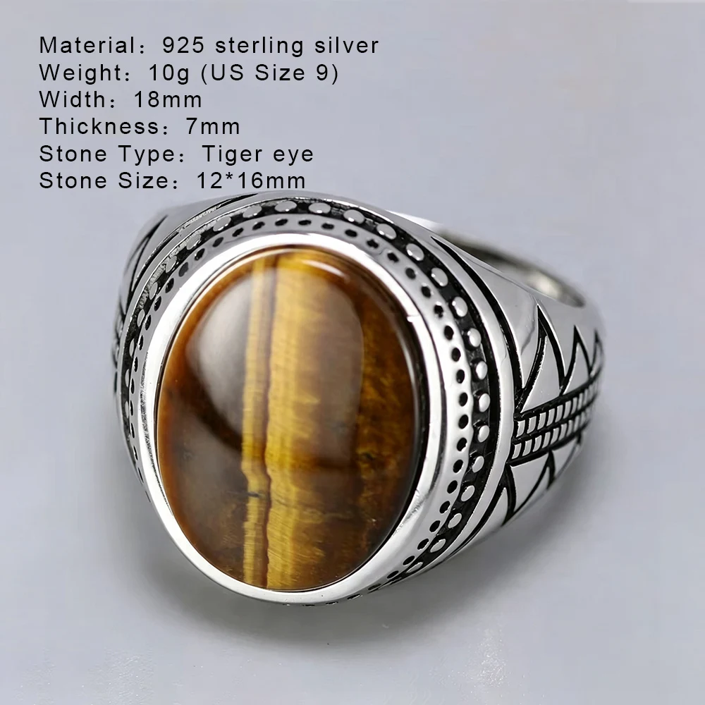 Genuine Solid Men\'s Ring Silver S925 Retro Vintage Turkey Rings With Natural Tiger Eye Stones Turkish Jewelry 925 Silver Jewelry
