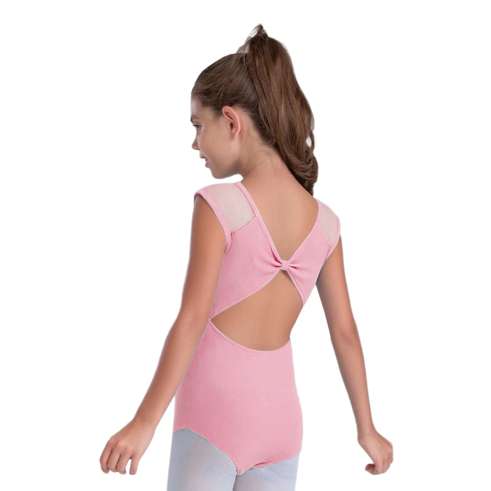 ชุดบอดี้สูทเด็กผู้หญิงสำหรับยิมนาสติกและบัลเลต์ แบบผูกโบว์เว้าหลัง ผ้าตาข่ายโปร่งแสง ชุดจั๊มสูทสำหรับเต้นรำ ชุดแสดง