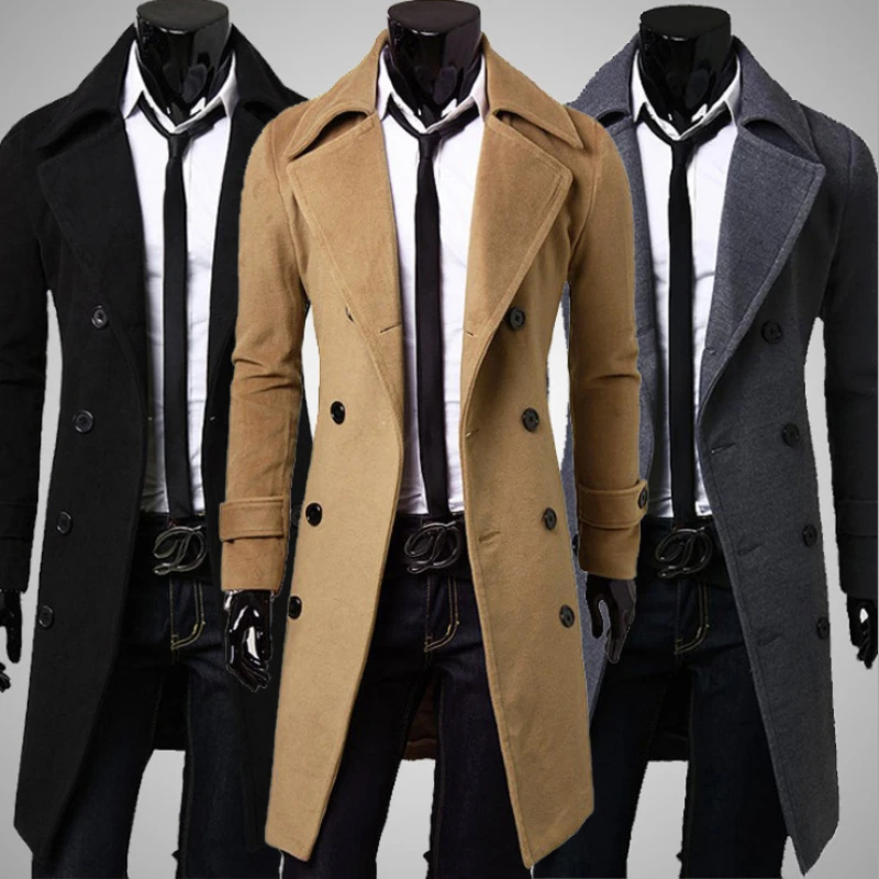 

Long Trench Coat Outwear Men Coat Turndown Collar Windproof Thick Jacket Stylish Warm Pure Color Trench Coat for Office