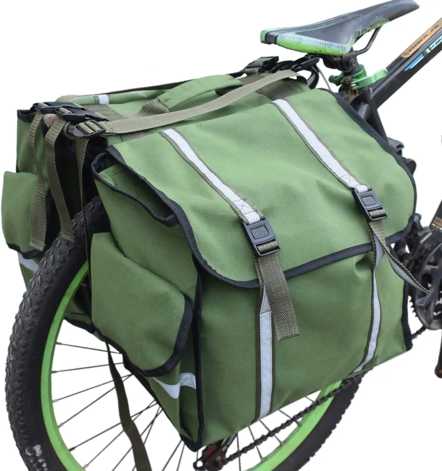 Green Bike Pannier Bags，25L Bicycle Panniers waterproof Rear Rack Bike Truck Bag with Reflective Trim and Velcro Fixed on Wheel