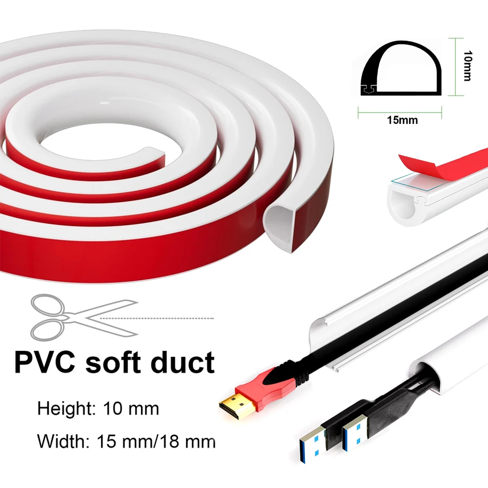 1M PVC Flexible Cable Raceway, Self-Adhesive Wire Cover, Cable Management Kit for Wall, Extension Cord Concealer and Protector