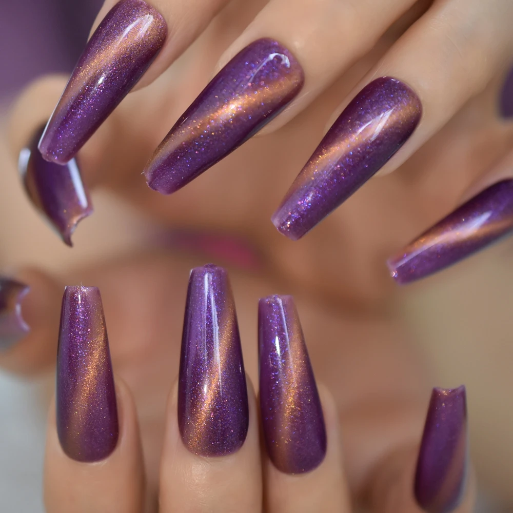 Shiny Bling Sky Purple Cat Eyes Press on False Nails Extra Long Ballerina Coffin Fake UV Full Cover Fingersnails Extention Tool