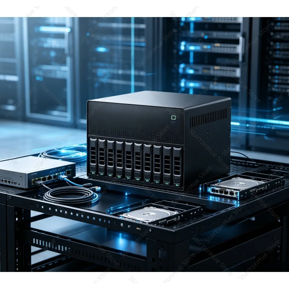 Schwarzes N10 NAS-Gehäuse mit 10+2 Laufwerksschächten, MATX-Mainboard-Gehäuse mit Flying Bull PCI-E 1U Netzteil, Speicher-Server-Gehäusezubehör