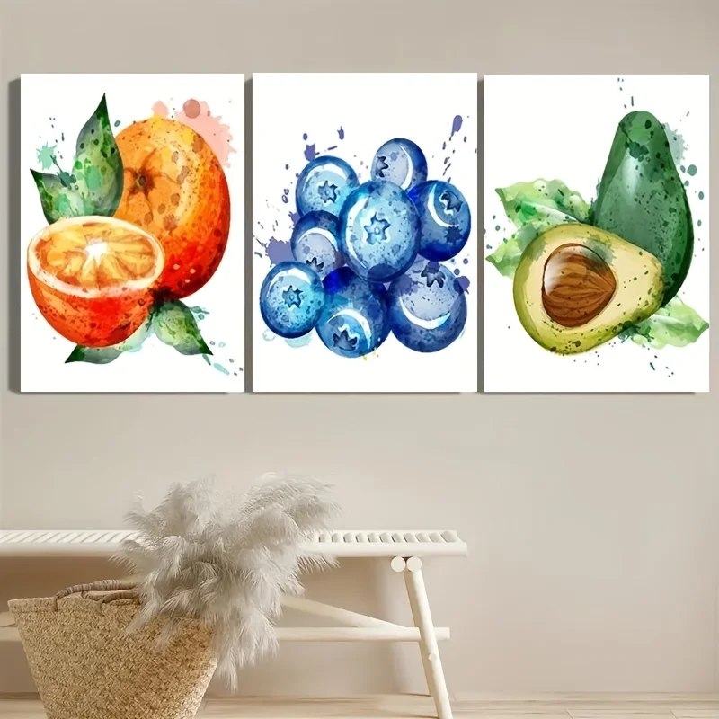 2D Flat, 2D Flat, [2D Flat] 3pcs Watercolor Fruit Canvas Art Prints - Vibrant Citrus, Blueberry & Avocado Wall Decor, 2D Pain