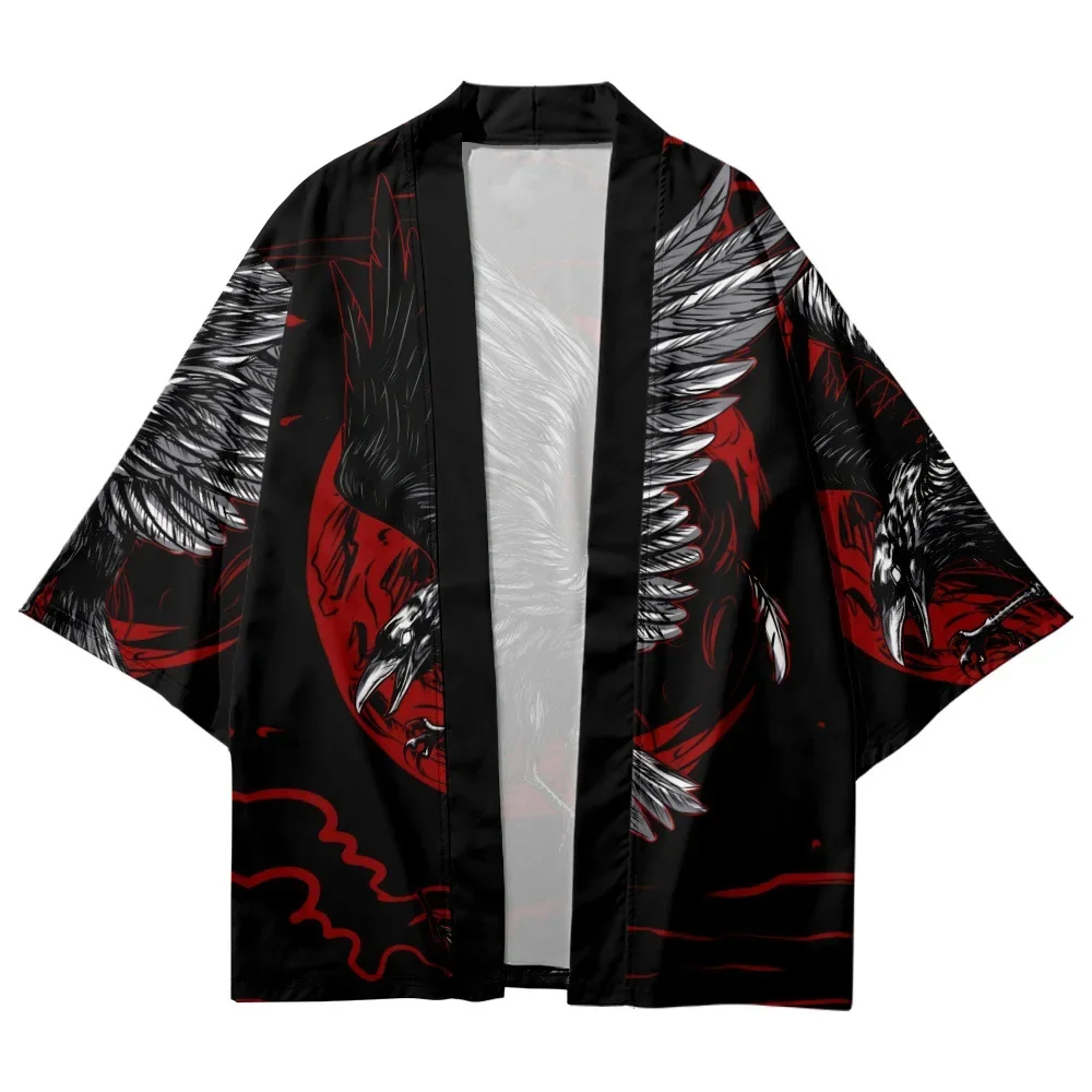 Fashion Crow Print Cardigan Kimono Harajuku Women Men Yukata Female Japanese Streetwear Traditional Haori Samurai Clothing Robe