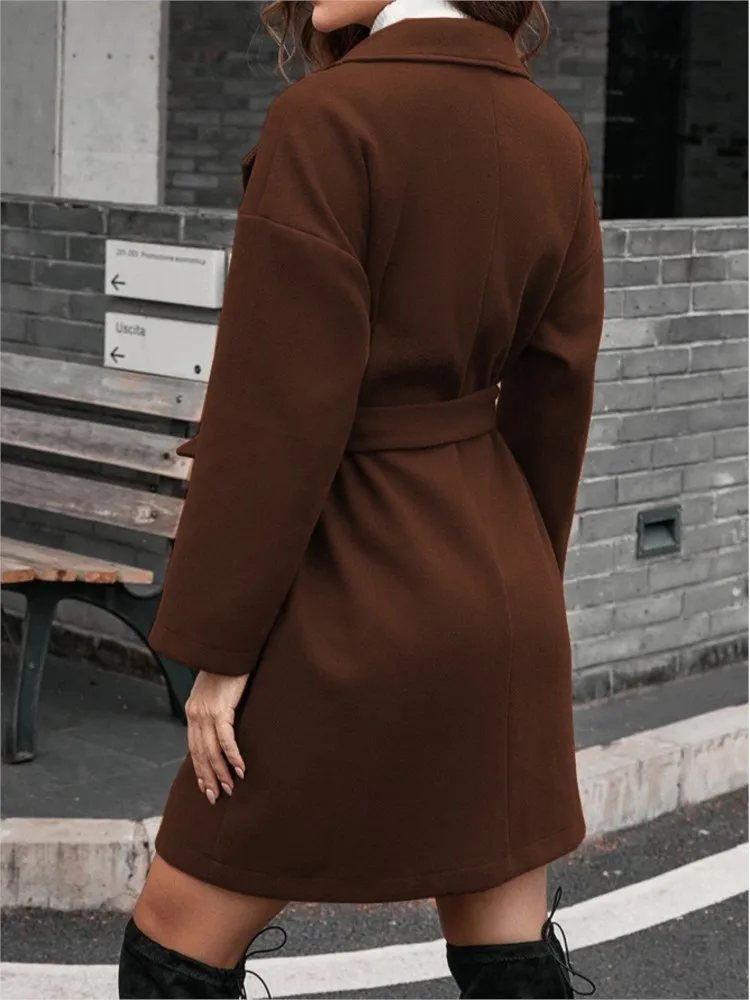 New Autumn Winter Women's Woolen Long-sleeved Casual Long Coats Fashion Pockets Elegant Laces Female Suit Collar Woolen Coats