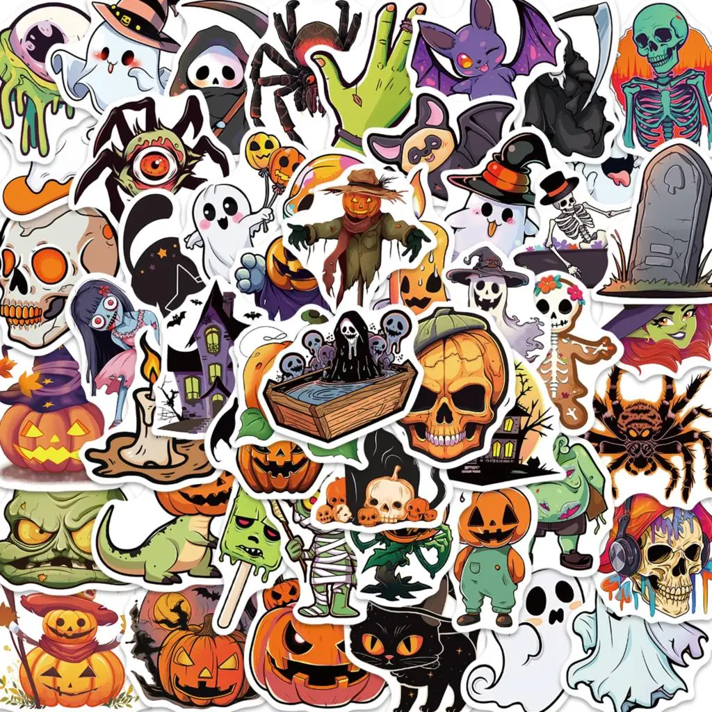 50pcs Cartoon Halloween Ghost Skull Pumpkin Decals for Kids Notebook Laptop Fridge Guitar Sticker Toy