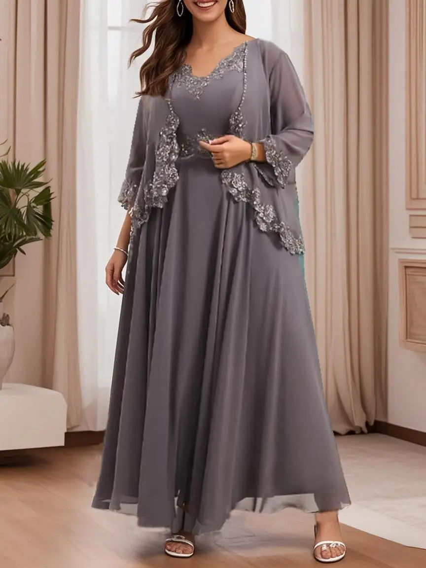 

2 Piece Chiffon Mother of The Bride Dresses Beading Lace Appliques Plus Size V Neck Long Gown