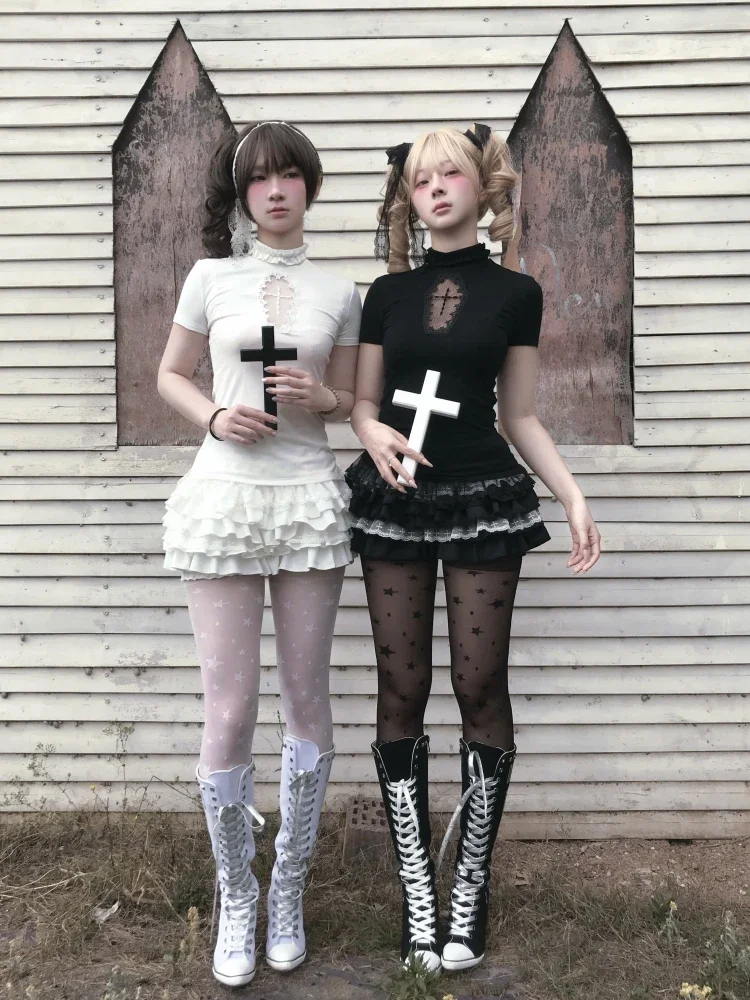 IMU DamnGirl Original Cross Patch Hollow Out Tshirt Summer Dolls Black White Subculture Cute Sweet Girls Short Sleeve Gothic Tee
