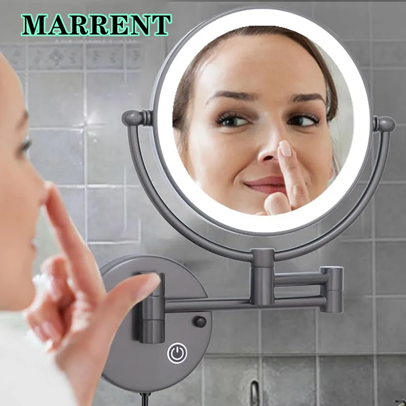 Fashion  Double Face Round Folding Bathroom Mirror with 5X Magnifying Led Foldable Makeup Mirrors Extending Arm Bath Mirrors