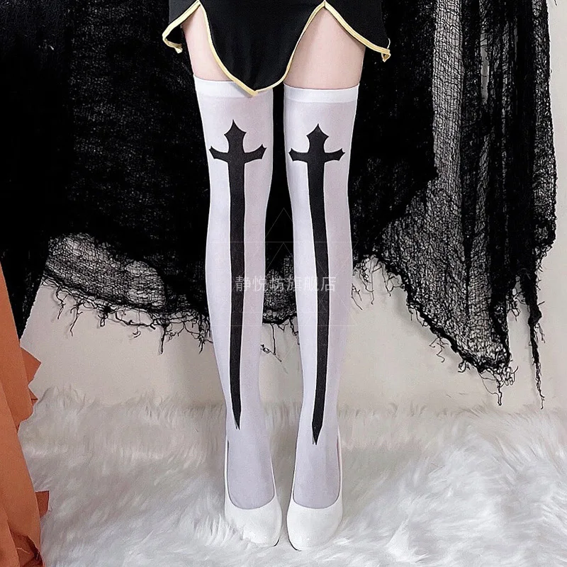 Resurrection Halloween Skeleton Cross Over Knee Socks Cos Nun Dress Accessories Dark Black Wind Laurie Over Knee Socks