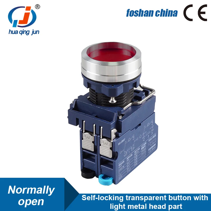 Huaqingjun Metal Transparent Button Red Green Yellow Led Self-locking NO Push Button Switch for Relay