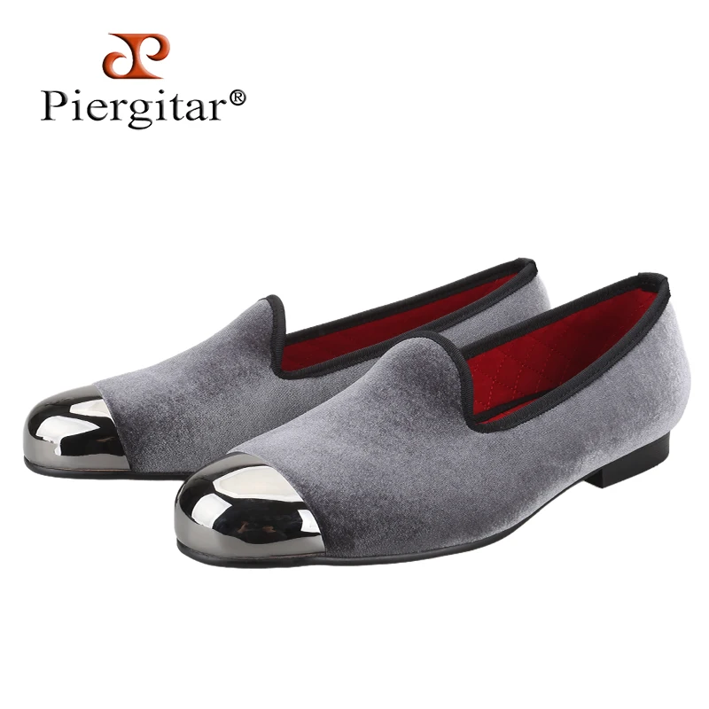 Piergitar Gray Velvet Slip-On Loafers With Gun Toe Metal For Fashion Party And Prom Formal Wear Handmade Men's Smoking Slippers
