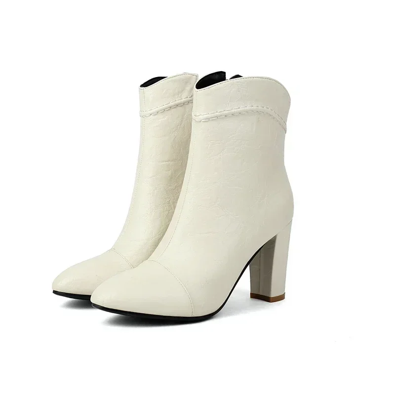 Big Size 46 47 Pointed Toe Mature Ladies Shoes Winter Fall Block High Heels Concise Short Botines Ankle Cream Beige Heeled Boots