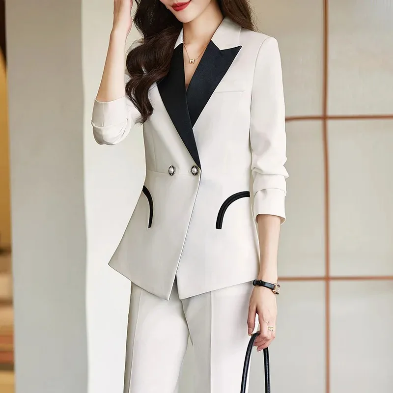 Lnsozkdg Autumn Vintage Casual Contrast Blazer Straight Leg Pants Sets Commuter Waist Cinched Blazer Suits Trousers 2-piece Set