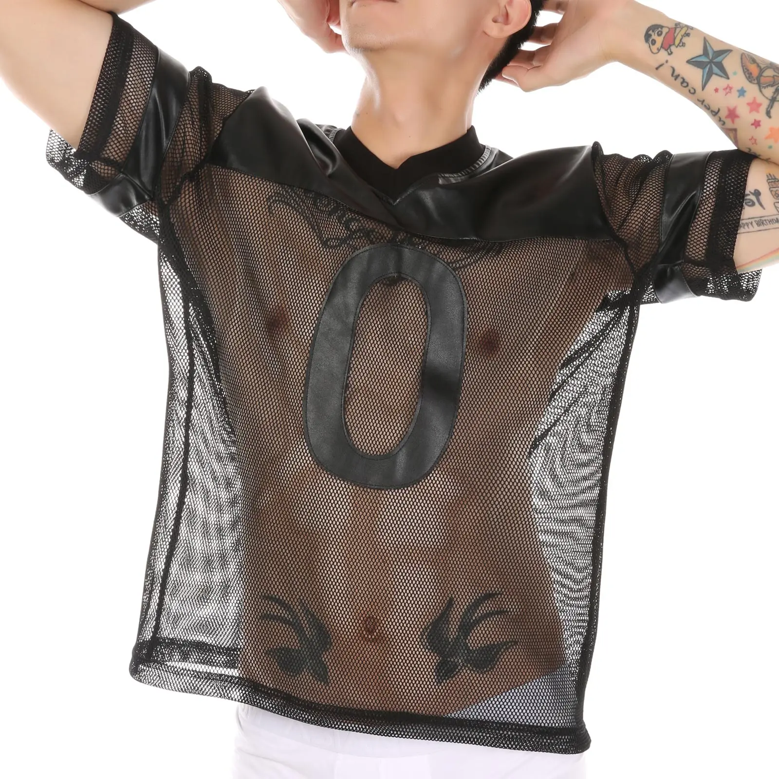 CLEVER-MENMODE PU Sexy Fishnet Tops Tee Men Faux Leather T-Shirt Transparent Mesh Clubwear See Through Short Sleeve Number 107