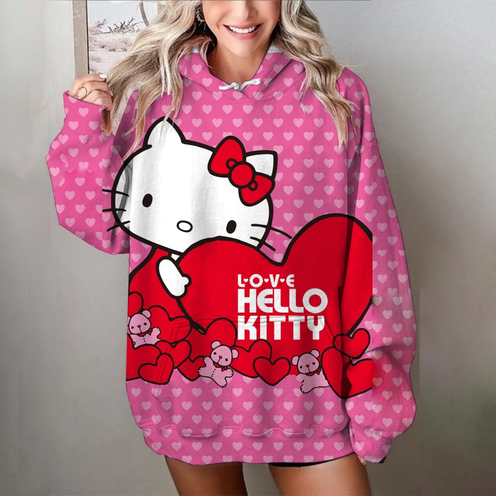 Women Y2K Hoodies Harajuku Hello Kitty Print Loose Sweatshirt Trousers Hip Hop Punk Long Sleeve Pocket Sweatpant Streetwear Tops