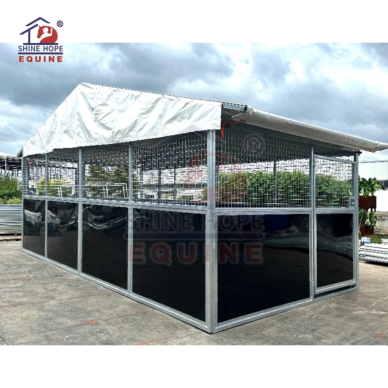 

New Cheap Steel Frame Galvanized Steel Internal Temporary Portable Horse Stable Outdoor Stall Boxes Pallet Packed