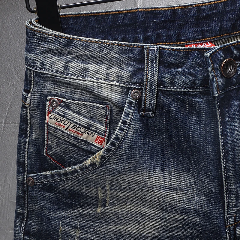 Fashion Designer Men Jeans High Quality Retro Washed Blue Stretch Ripped Short Jeans Summer Vintage Designer Denim Shorts Men