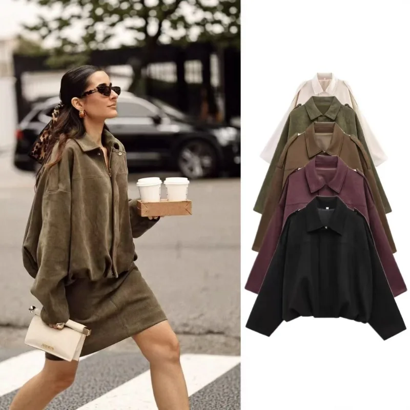 Women Lapel Shoulder Strap Cargo Jacket Zip Up Loose Cropped Elastic Hem Casual Outerwear