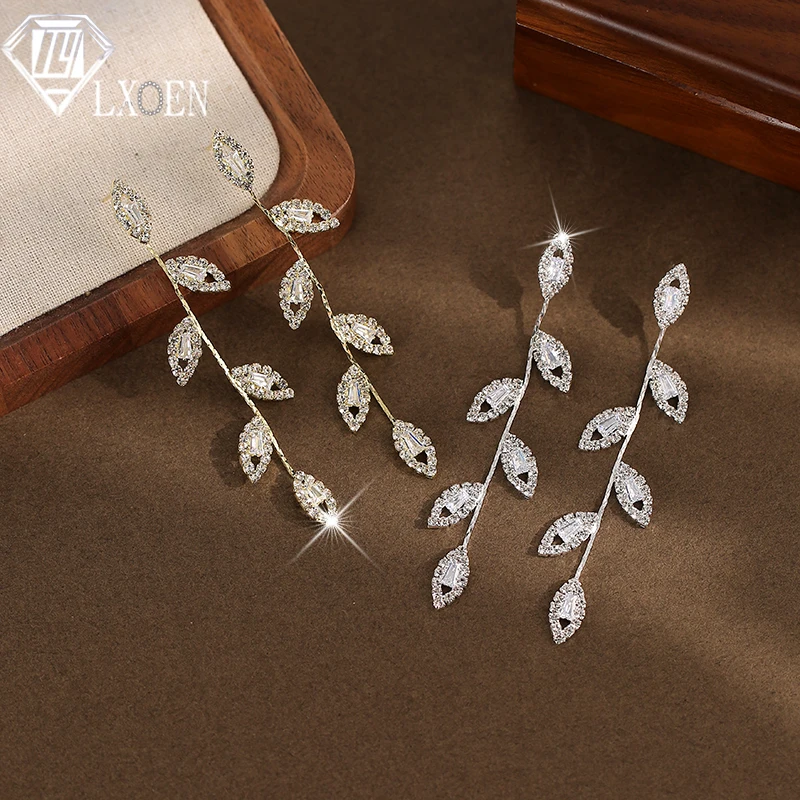 LXOEN Exquisite Zirconia Leaves Drop Earring for Women Flash Diamond Long Fringe Wedding Jewelry Birthday Gift  Brincos