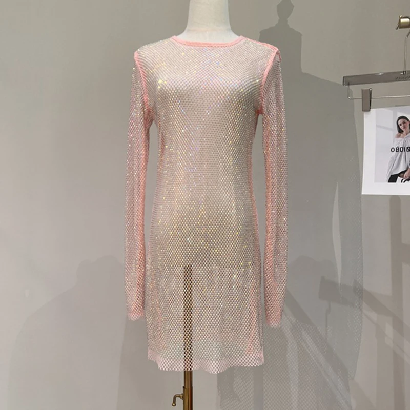 Damen-Abendkleid aus Netzstoff mit Strasssteinen, Rundhalsausschnitt, glitzerndes, durchsichtiges Kleid mit Diamant-Ausschnitten, Party-, Nachtclub-, Festival- und Rave-Kleidung – Detail 4