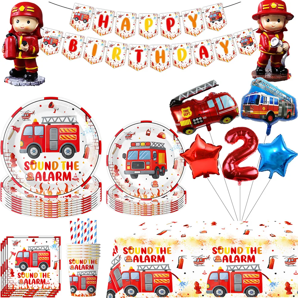 

Набор одноразовой посуды для дня рождения в стиле пожарной машины: бумажные тарелки, стаканы, салфетки, баннер с надписью «С Днем Рождения», мультяшные аксессуары.