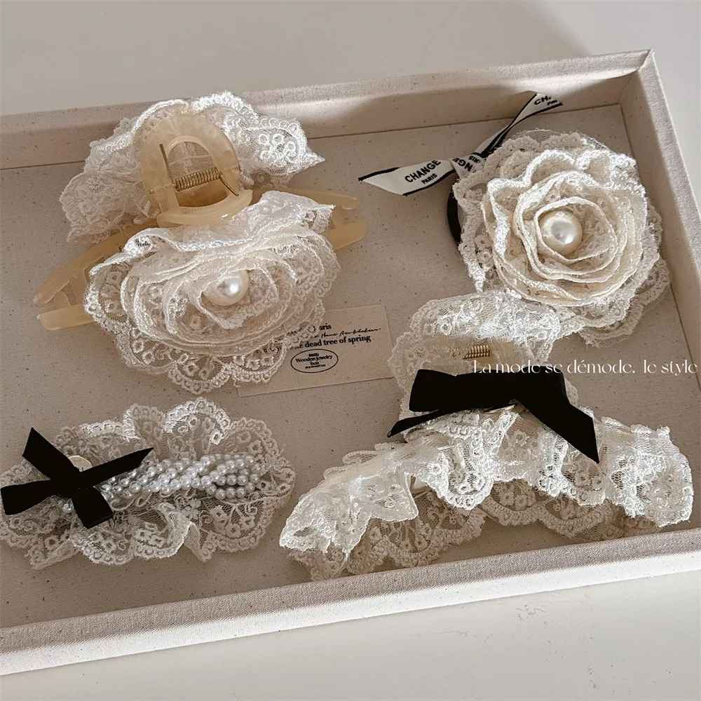 

Beige Lace Flower Pearl Bow Hair Claw Clips for Women Updo Bun Holder Elegant Barrettes Hair Accessories for Wedding Daily Use