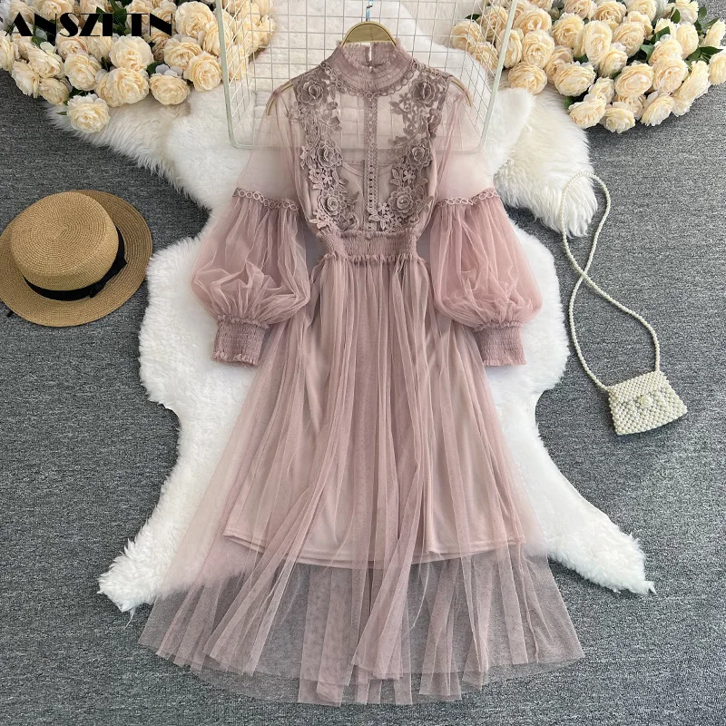 

ANSZKTN three-dimensional flower gauze temperament stand collar lantern sleeve high waist thin suspenders two sets fairy dress