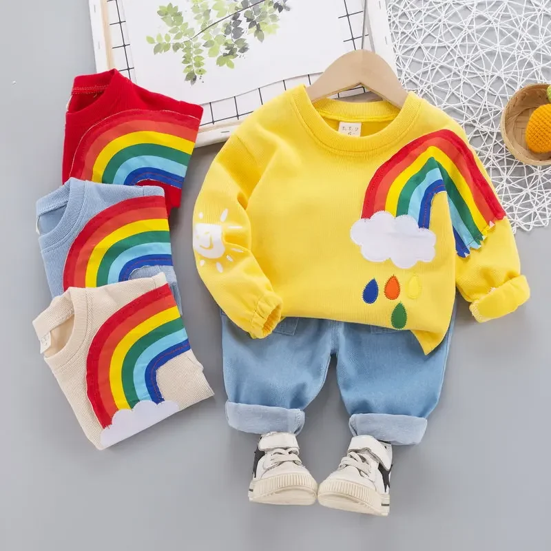 Children Boys Girls Cotton Clothing Sets Fashion Kids Rainbow T-shirt Pants 2Pcs/Sets Spring Autumn Formal Toddler Tracksuits