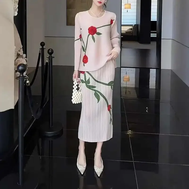 

Miyake New Summer 2025 Fashion Casual Versatile Design Pleated Two Piece Printed Clashing Women's Loose Top Elastic Waist Skirt