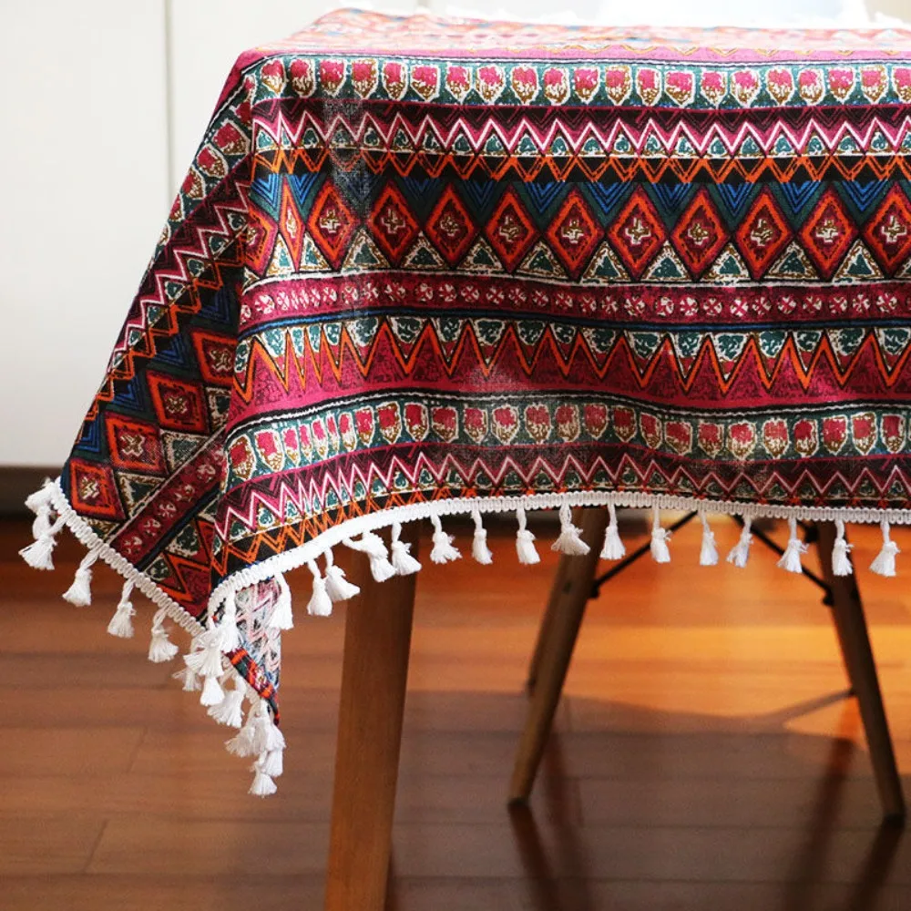 

Nordic Style Ethnic Tablecloth with Tassel Heat-resistant Bohemian Tablecloth Cotton and Linen Stain-resistant Table Protecter