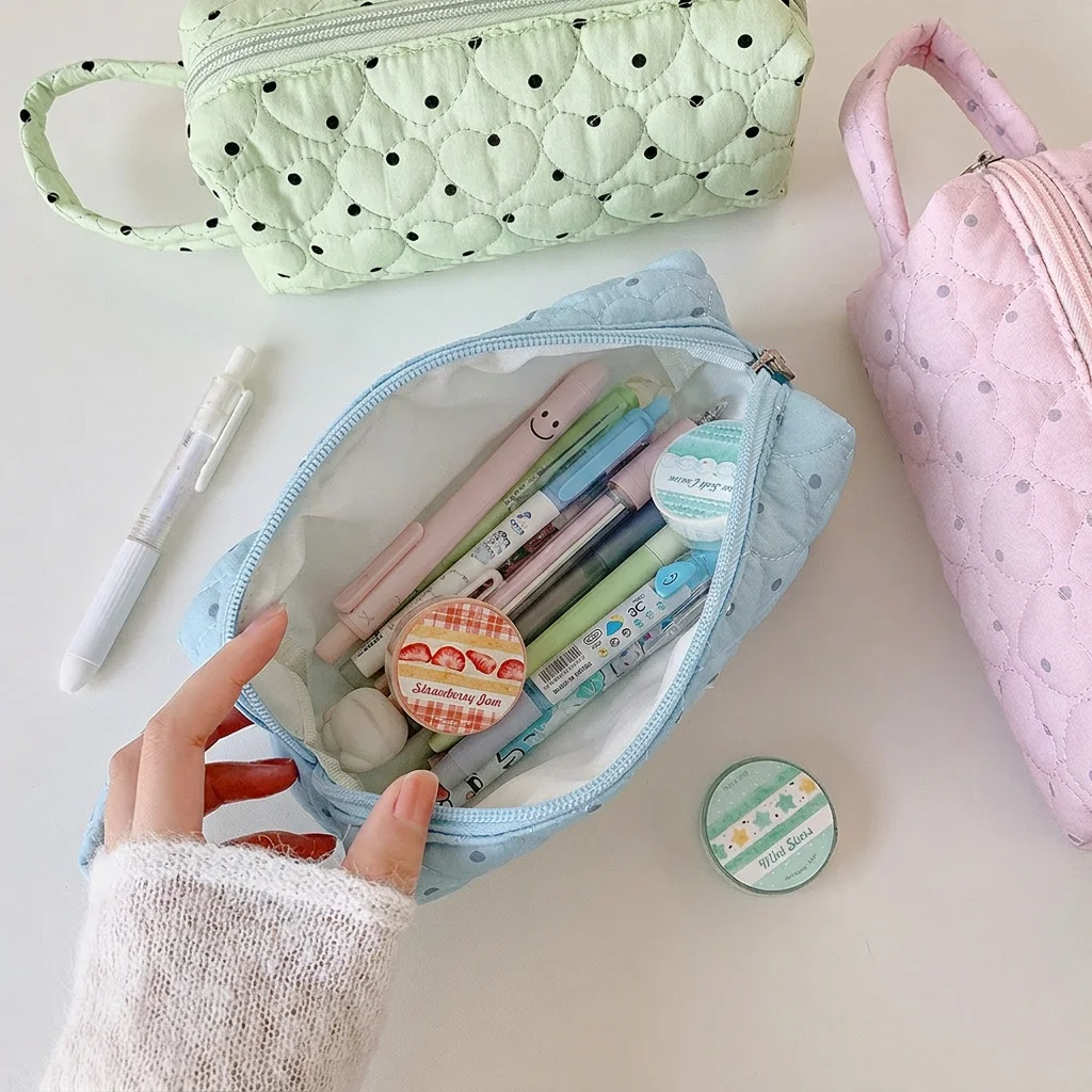Large Capacity Storage Bag Portable Quilted Stationery Bag Portable Pencil Pouch Large Capacity Polka Dot Pencil Bag For Class