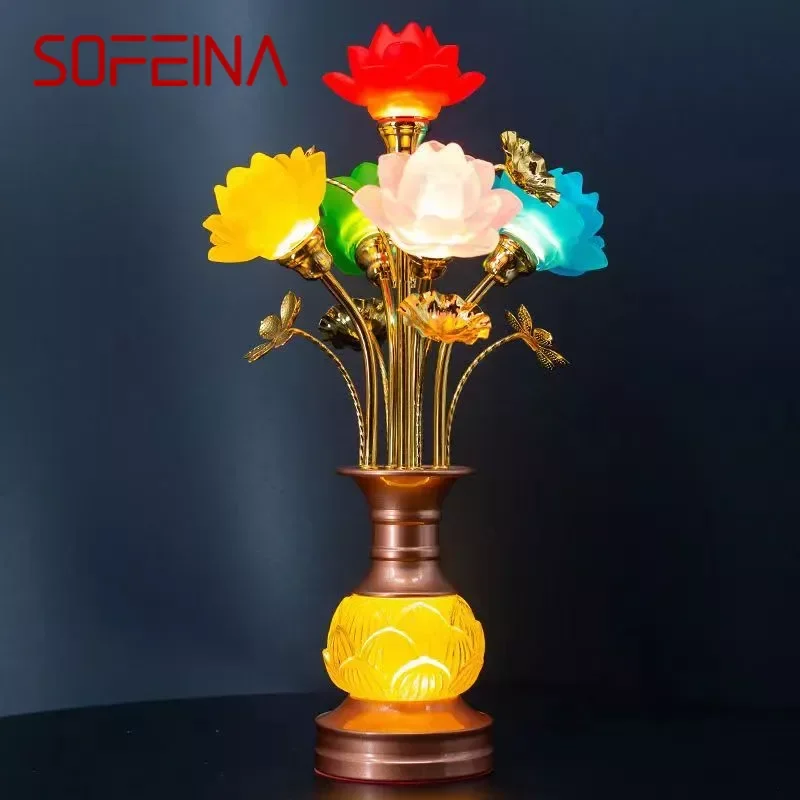 SOFEINA-Colorido LED Lotus Abajur para Buda, Household Buddha Hall Lâmpada, Lâmpada de vidro, Templo Adoração Buda Front Lamp