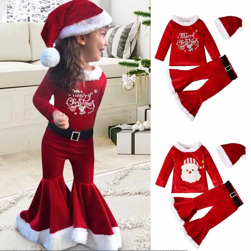 أطفال تأثيري سانتا كلوز زي أفخم 3 قطعة دعوى عيد الميلاد كرنفال زي حفلة تنكرية الفتيات الأحمر عيد الميلاد مجموعة قبعة + بلايز + مضيئة السراويل