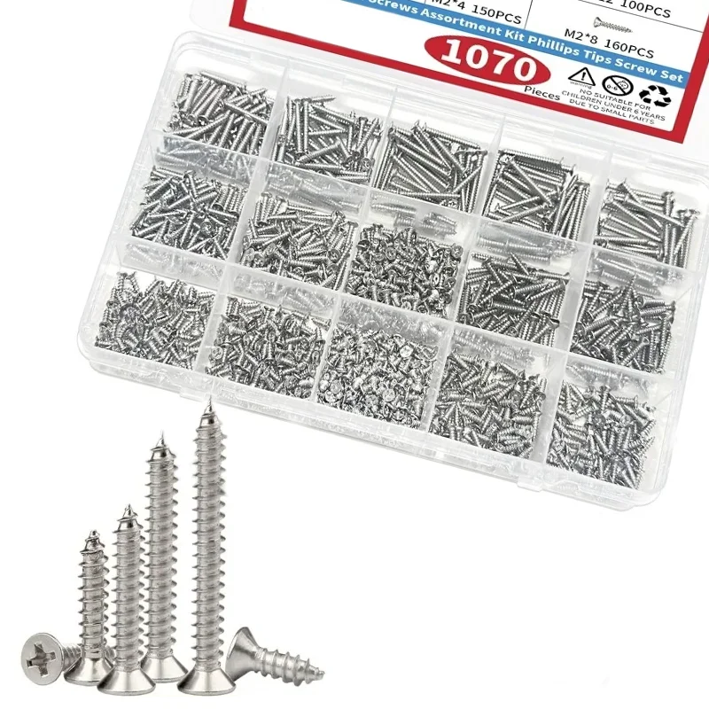 1070Pcs M2 X 4/5/6/8/10/12/16/20 Flat Head Self Tapping Screws Set Stainless Steels Screw Kit for Woodworking Tools Nail Screw