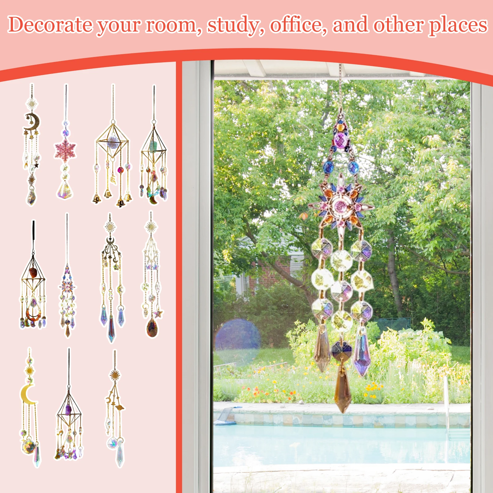 Wind Chime Colorful Sun Catcher Solar Crystal Light and Rainbow Hanging Ornament Children's Room Decoration Holiday Gifts
