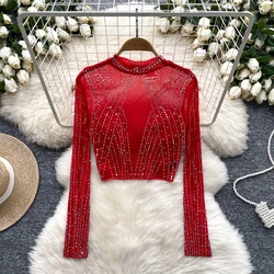 Women Chic Half high collar Long Sleeve Rhinestone Solid Slim Sexy Korean T-shirt Fashion Summer Women  Casual