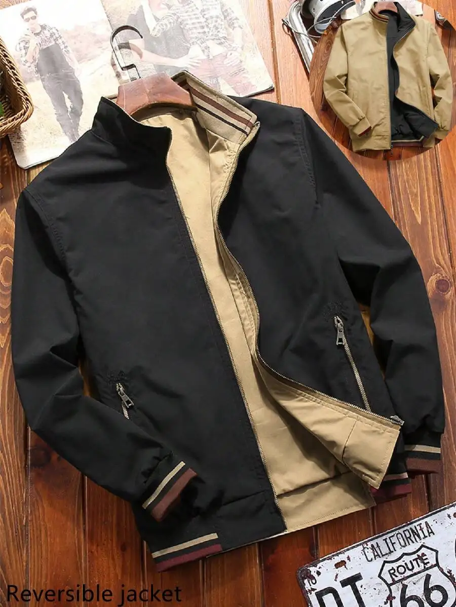 

Double-sided Zipper Long Sleeve Men Jackets Men Pocket Simple Casual Jacket Outerwear Built-in Pocket Business Classic Jackets