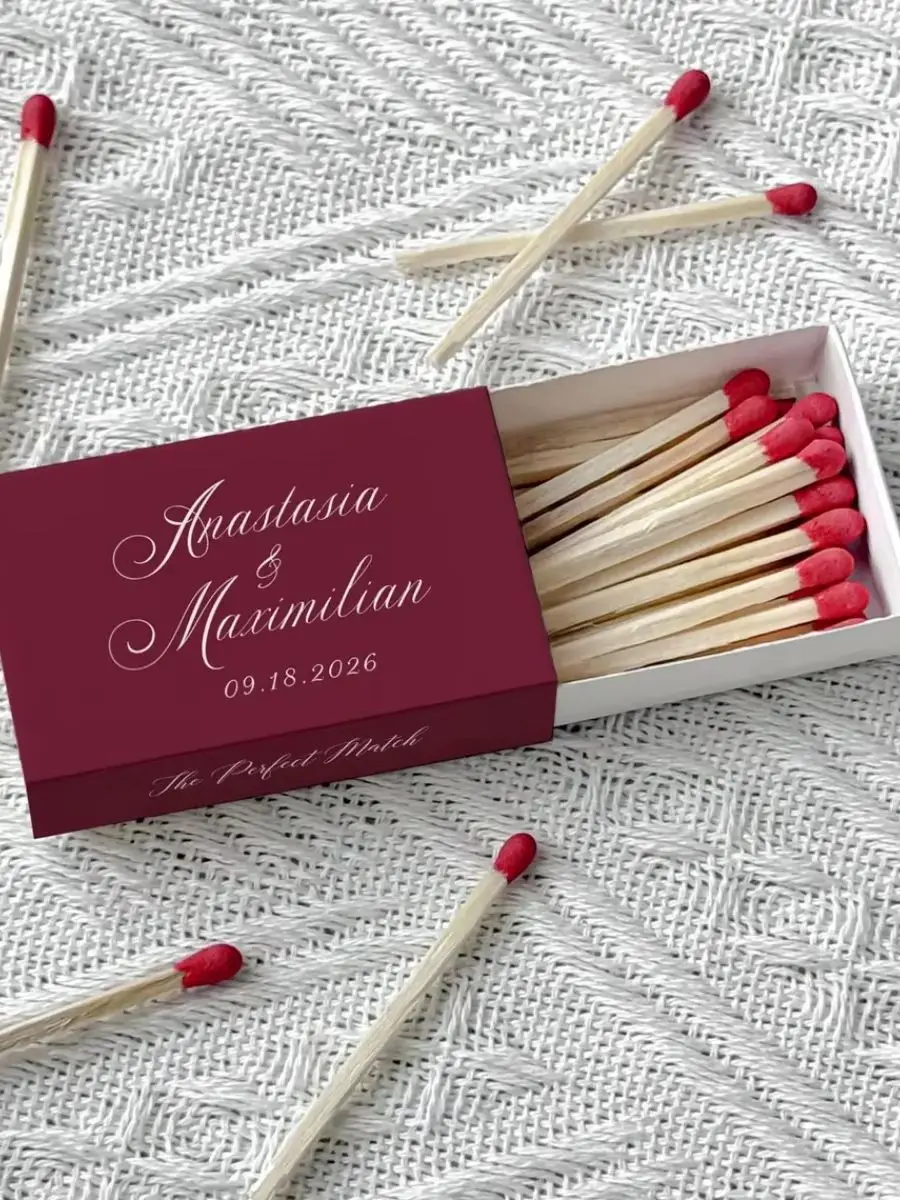 Boîtes d'allumettes de mariage personnalisées avec noms et date, dos initiaux monogramme, faveurs de boîte de correspondance personnalisées pour les invités, mariage élégant